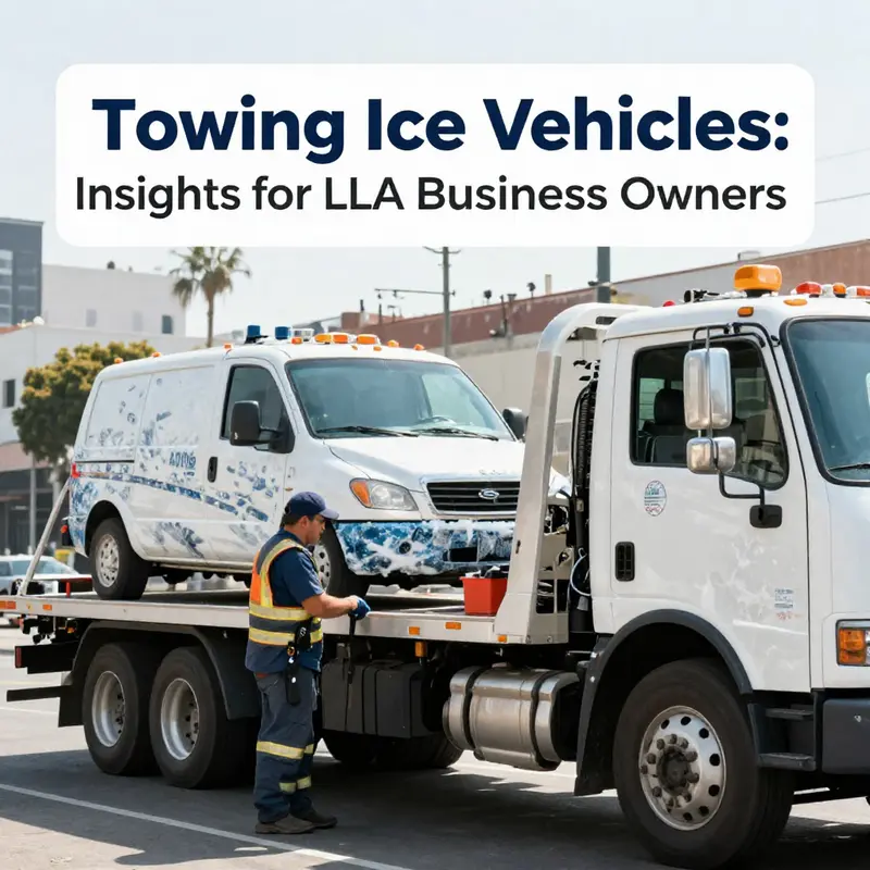 A tow truck driver ensuring safety while towing an ice vehicle in LA.