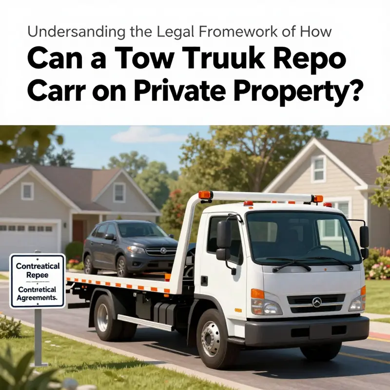 Tow truck preparing to repossess a car on private property, encapsulated within legal guidelines.