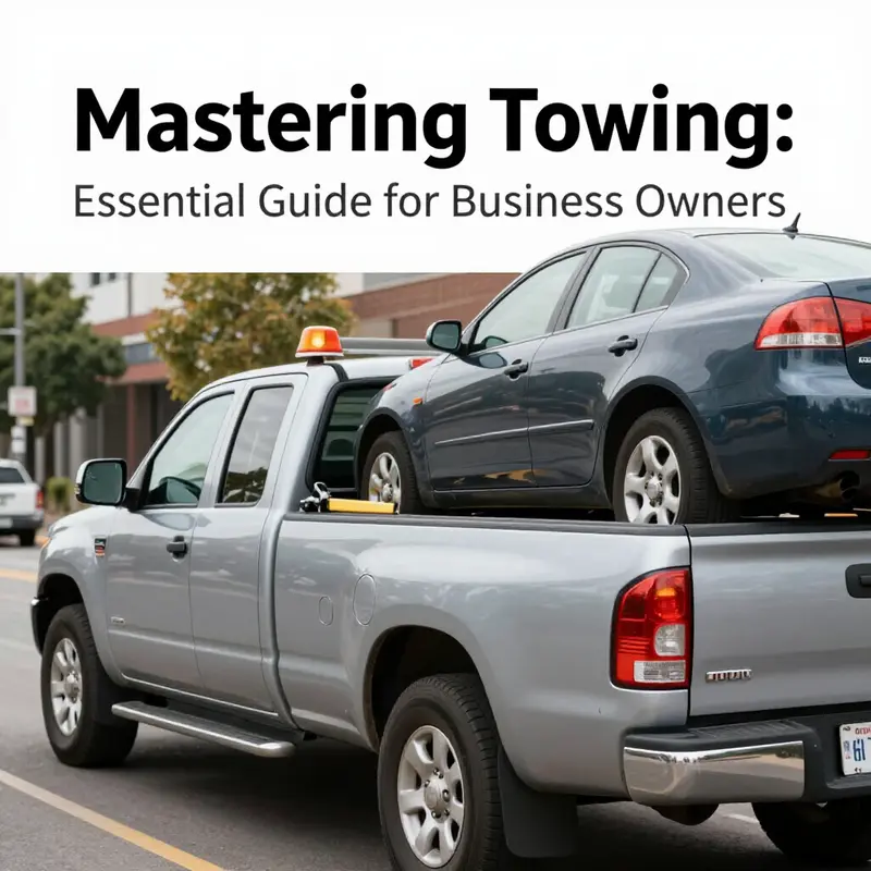 A properly equipped pickup truck towing a car, highlighting the legal compliance needed for towing operations.