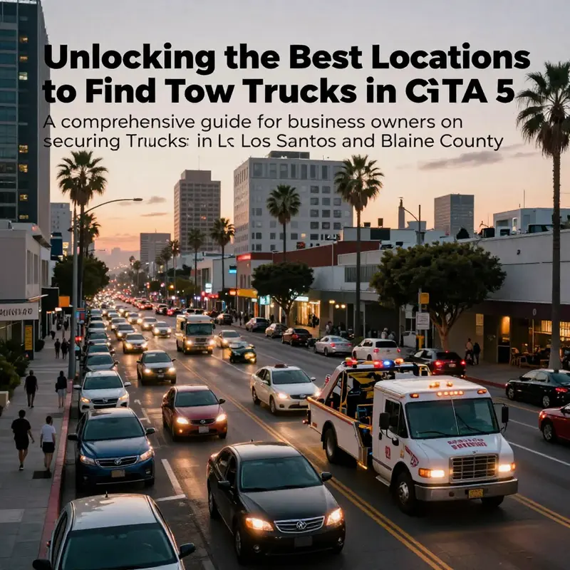 A vibrant scene of Los Santos at dusk, with various vehicles including Tow Trucks illustrating the city’s transport network.