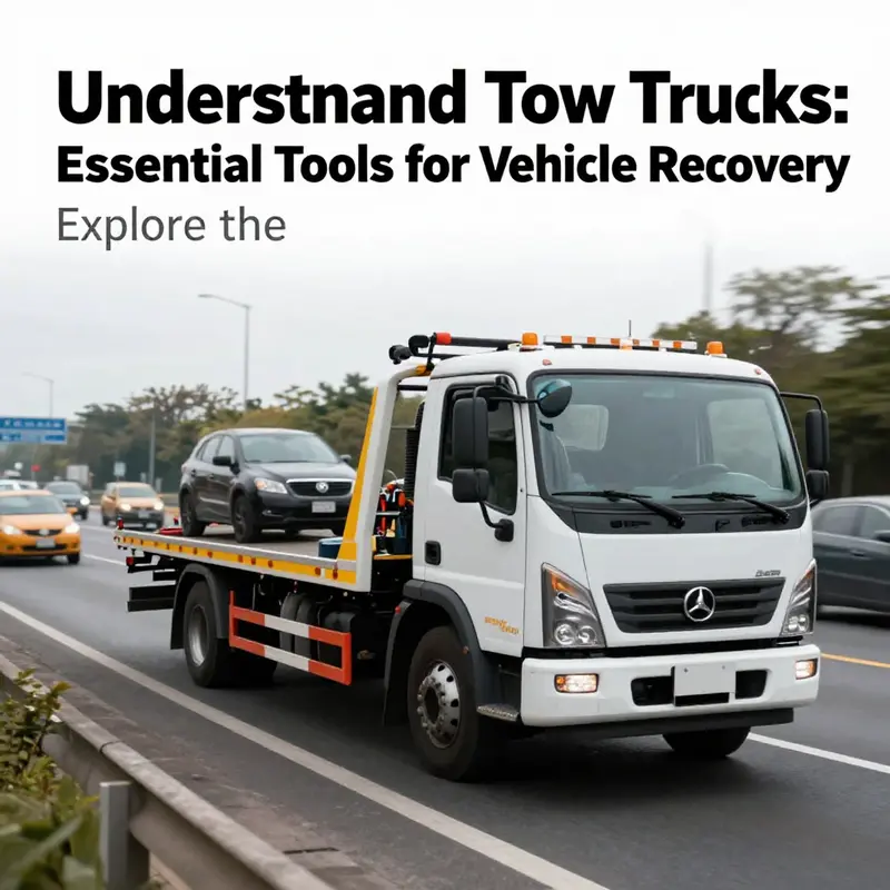 A contemporary tow truck parked with moving vehicles on a busy highway.