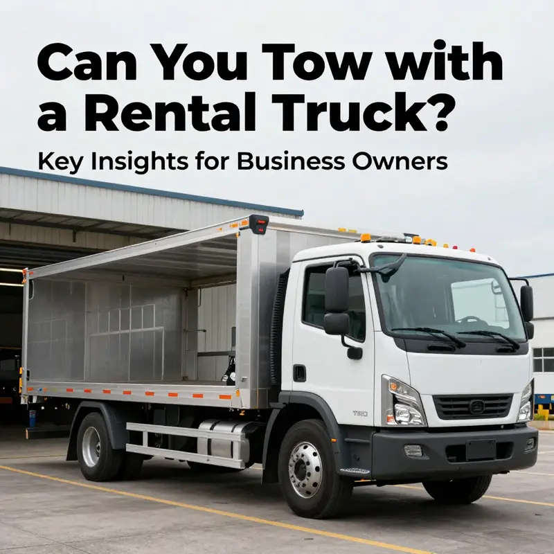 A rental truck parked at a loading dock, effectively towing a trailer to demonstrate towing capabilities.
