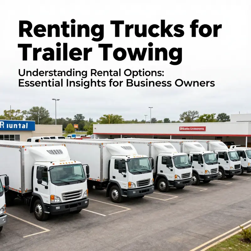 Various rental trucks ready for towing trailers at a rental facility.