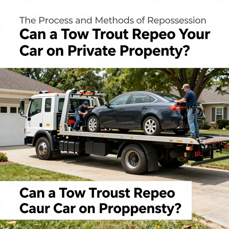 Tow truck preparing to repossess a car on private property, encapsulated within legal guidelines.