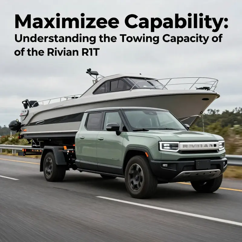 The Rivian R1T electric truck towing a large boat on a highway surrounded by scenic views.