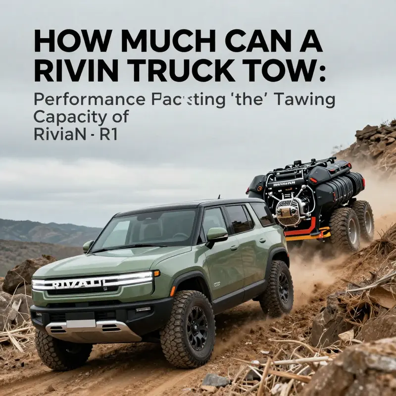The Rivian R1T showcases its impressive towing capacity of 11,000 pounds with a large trailer in tow.