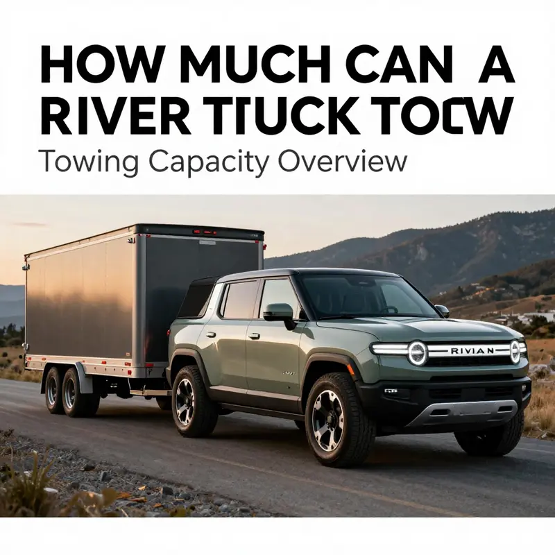 The Rivian R1T showcases its impressive towing capacity of 11,000 pounds with a large trailer in tow.