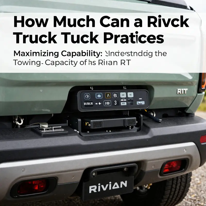 The Rivian R1T showcases its impressive towing capacity of 11,000 pounds with a large trailer in tow.