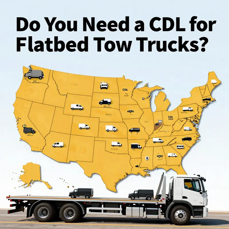 A flatbed tow truck ready for operation, emphasizing the need for proper licensing.