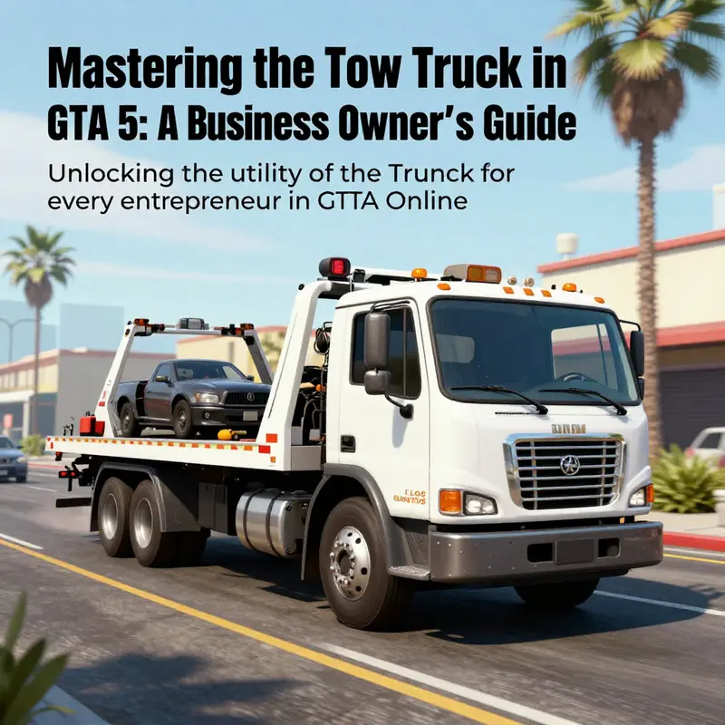 An image of a tow truck driving through the bustling streets of Los Santos, symbolizing its utility and significance in the game.