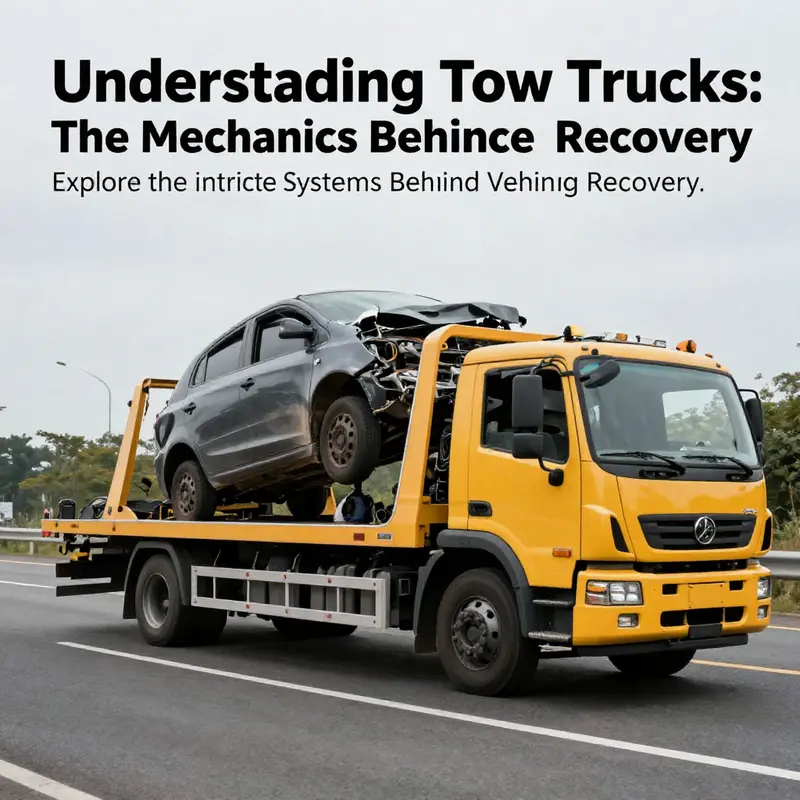 A tow truck in action on a highway, lifting a damaged vehicle with precision, highlighting its essential role in roadside recovery.