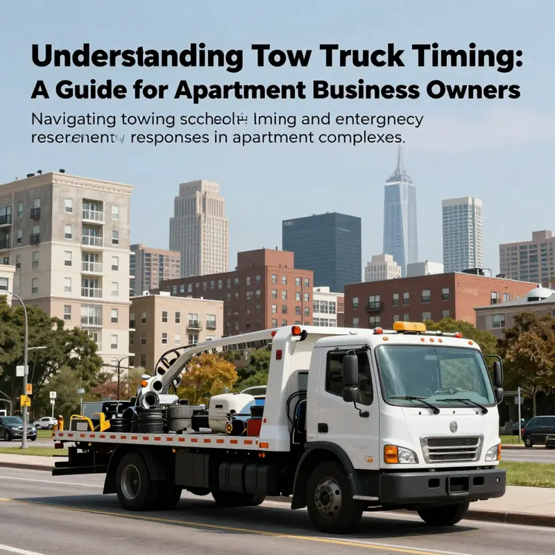 A city view showcasing apartment buildings with a tow truck in the foreground, representing towing services in urban residential areas.