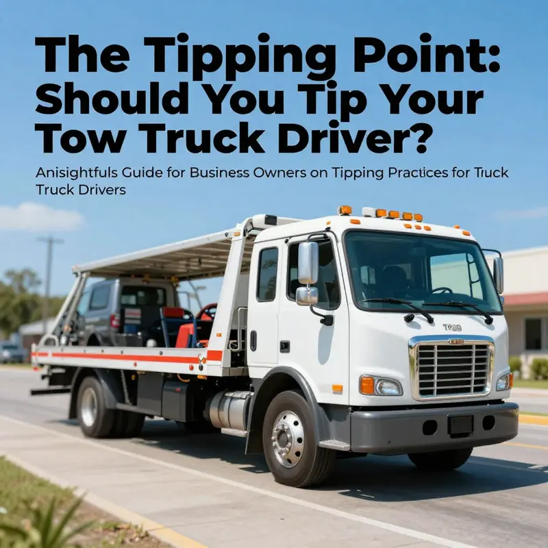 A professional tow truck in the foreground against a sunny backdrop, representing the theme of tipping and appreciation in the towing industry.