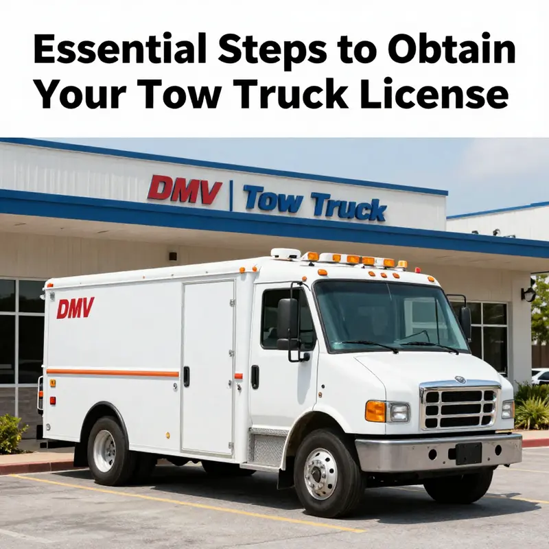 A tow truck outside a DMV office signifies the first step in obtaining a towing license.