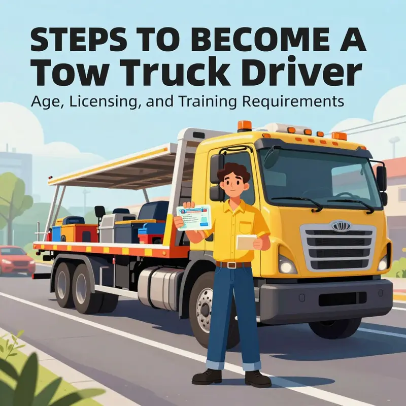 An aspiring tow truck driver showcasing their license alongside a tow truck.