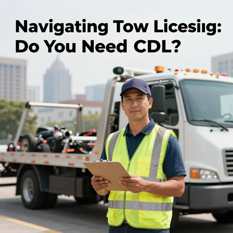 A tow truck driver reviewing paperwork beside a towing vehicle in an urban setting.