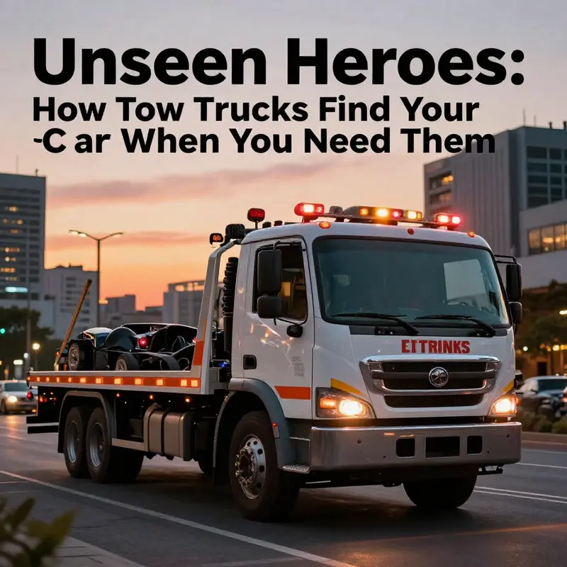 A tow truck with flashing lights in an urban setting, ready for emergency response.