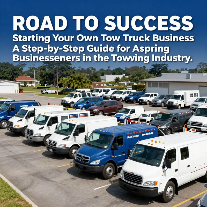 Image of a well-organized lot with various tow trucks, representing a successful and professional towing company.
