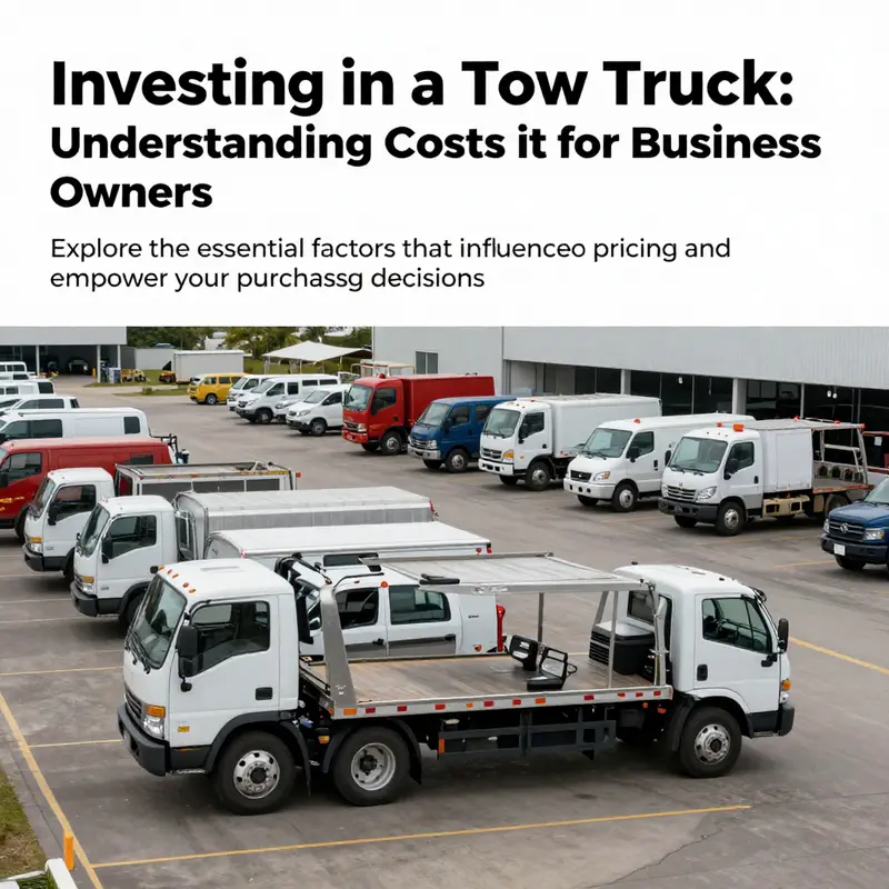 A panoramic view of different tow trucks parked in an industrial setting, showcasing models suitable for various towing purposes.