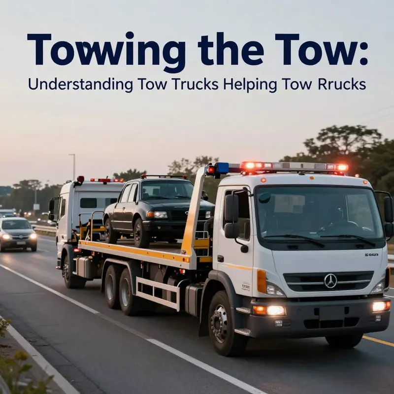 A tow truck is actively towing another tow truck on the highway, illustrating various operational scenarios.
