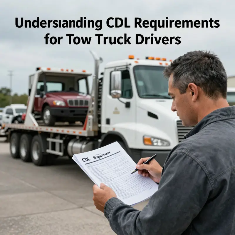 Tow truck owner analyzing CDL regulations with multiple tow trucks parked in the background.
