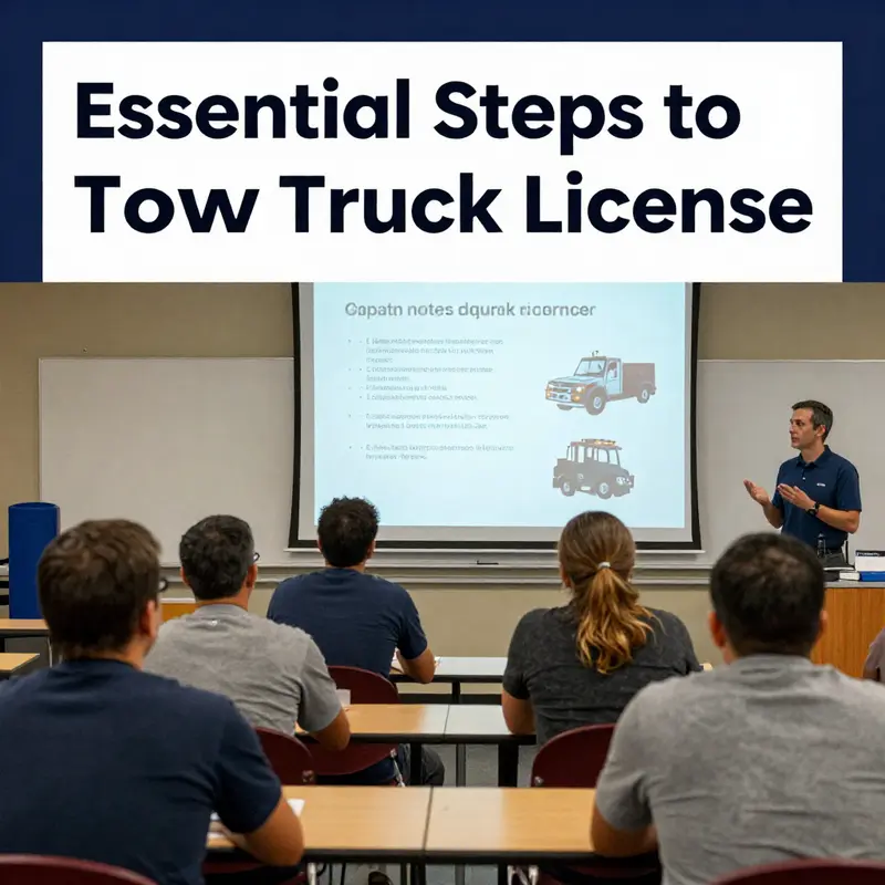 A tow truck outside a DMV office signifies the first step in obtaining a towing license.