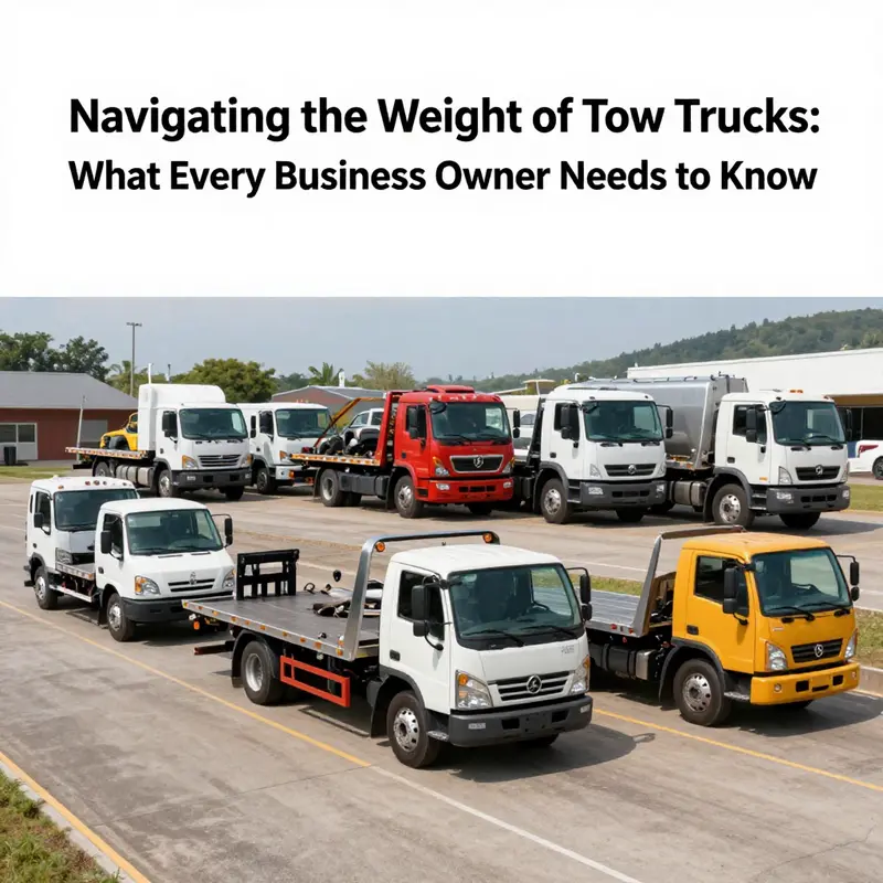 Various types of tow trucks arranged in a fleet, showcasing light-duty, heavy-duty, and flatbed models in a scenic outdoor setting.