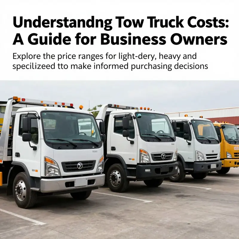 Different types of tow trucks lined up, including light-duty, heavy-duty, and specialized models.