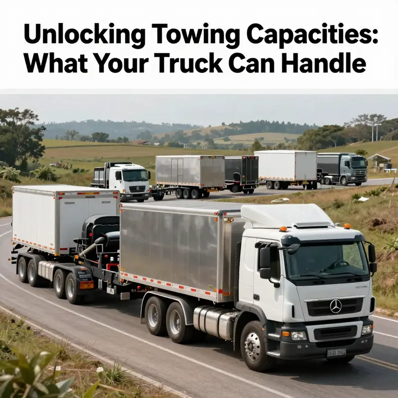 A variety of trucks towing trailers in an outdoor landscape, showcasing the range of towing capacities.