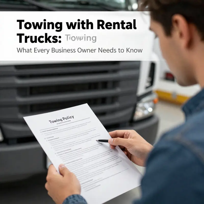A business owner reviews towing policies for rental trucks at the rental office.