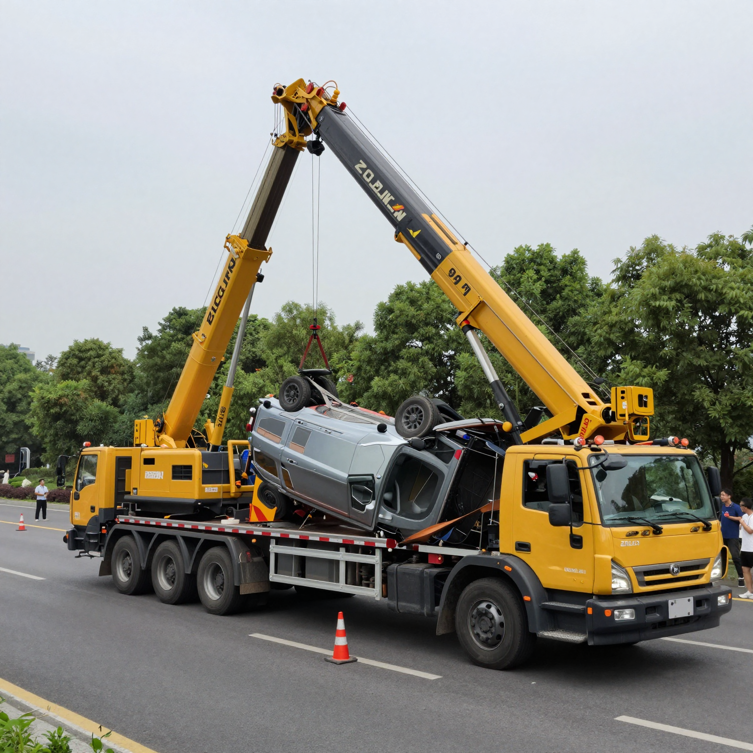 Zoomlion 70-ton truck crane performing towing recovery