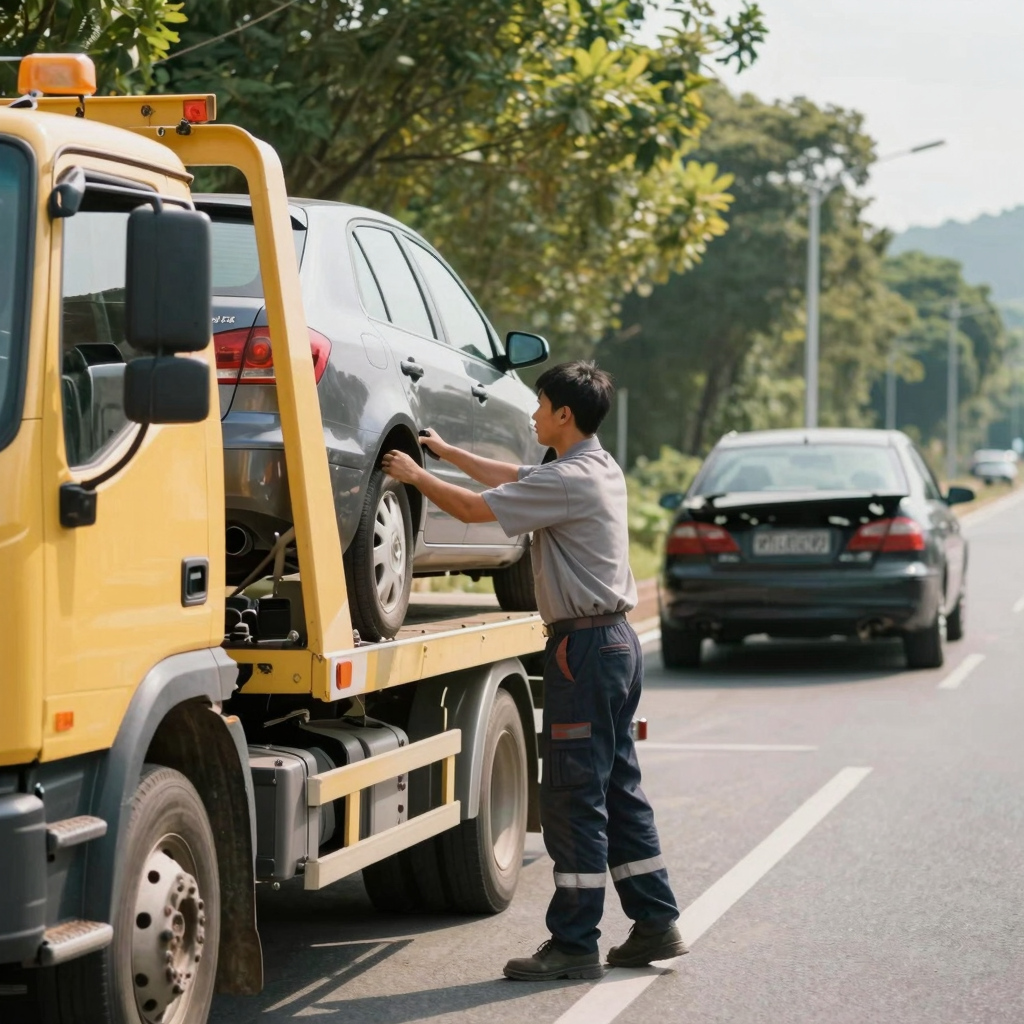 Tow truck driver assisting a stranded vehicle by the roadside