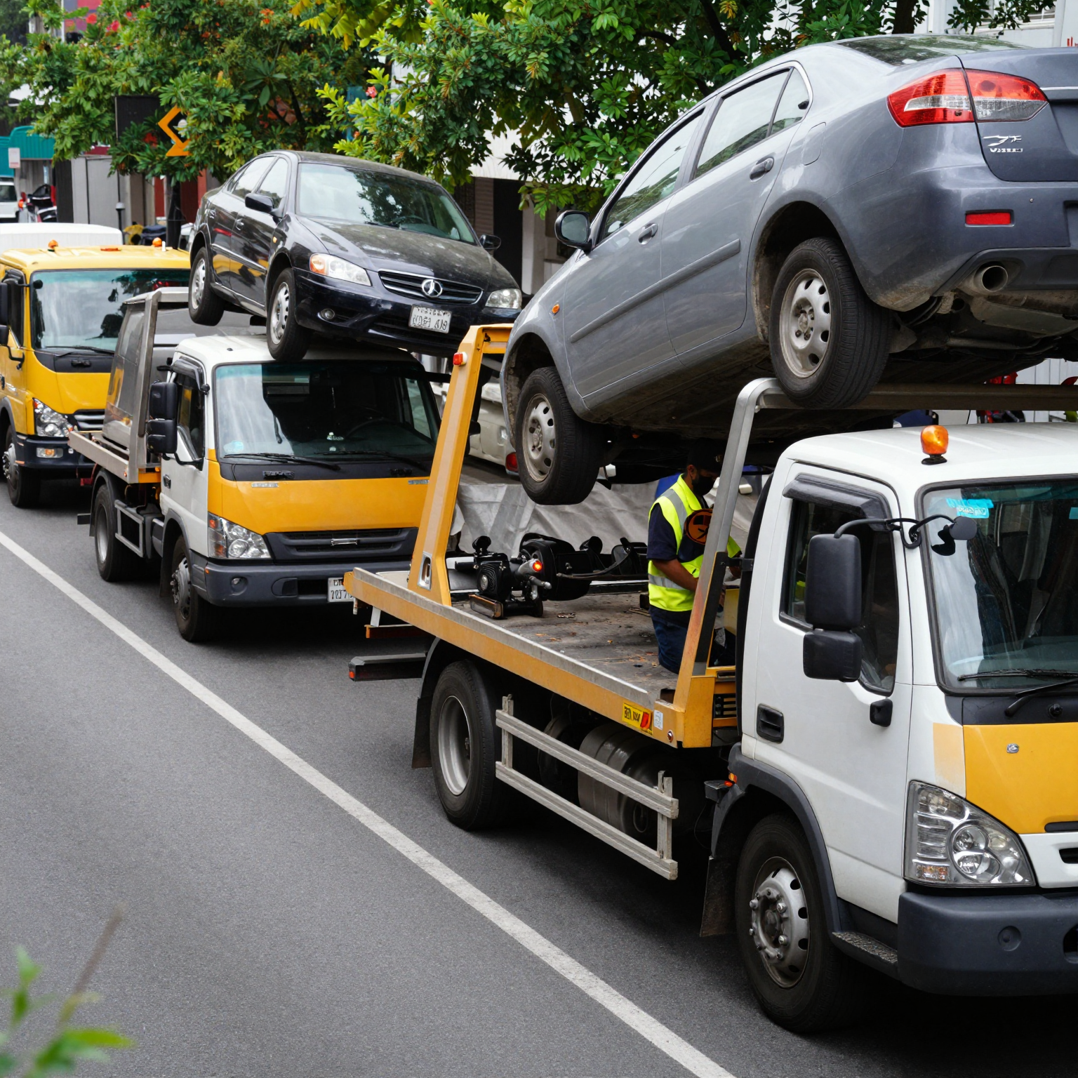 Tow trucks in action on a busy urban street