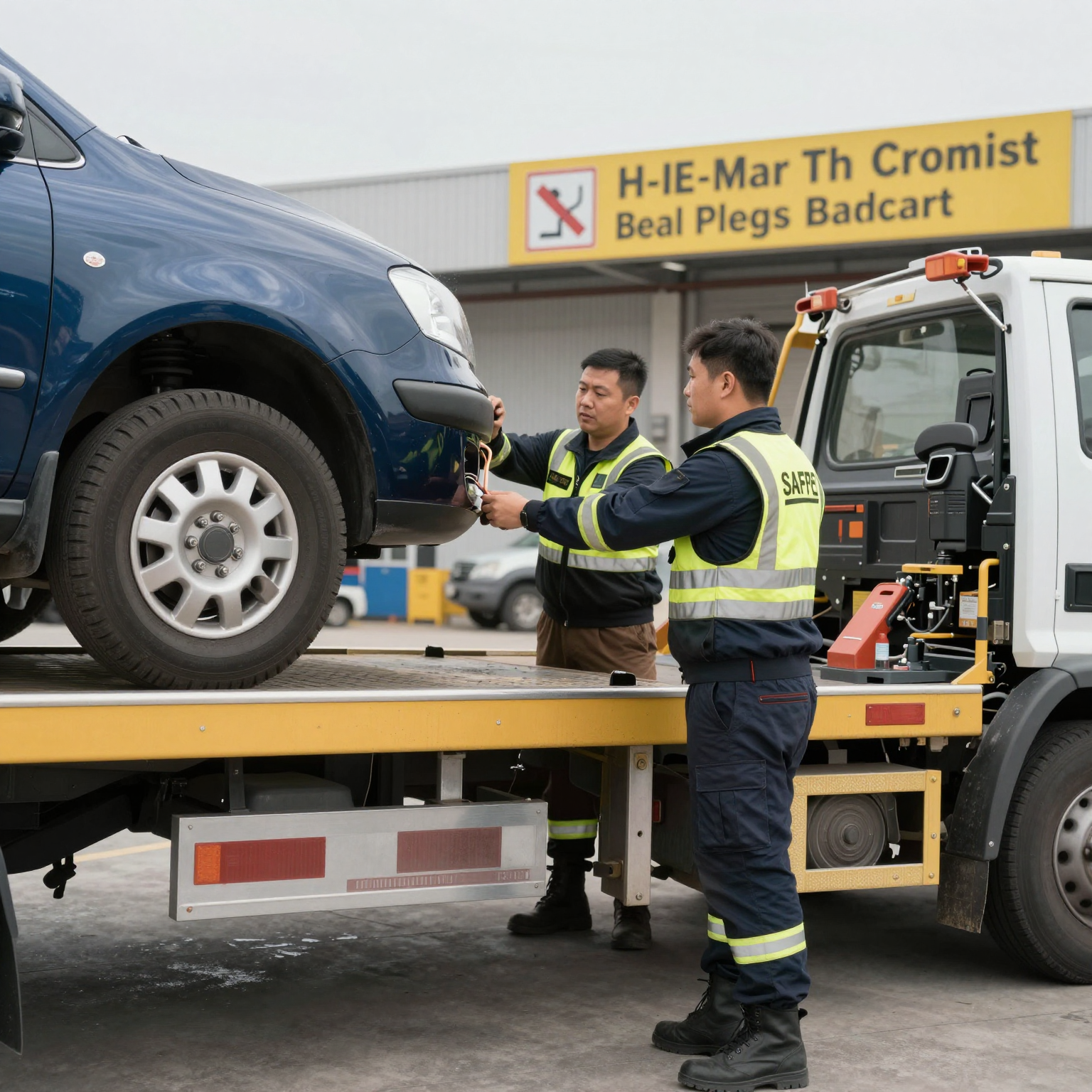 A scene of safe towing operation, showing professionals in PPE securing a vehicle to a tow truck.