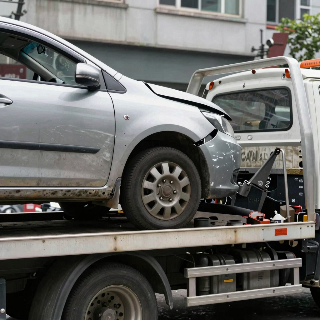 A damaged car being towed, showcasing visible damages and a tow truck in action.