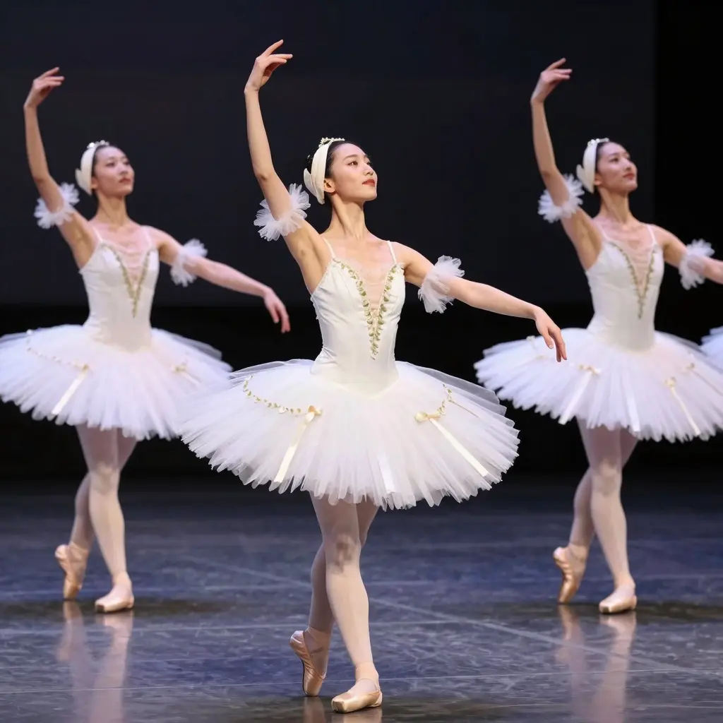 Illustration of ballet dancers performing on stage wearing tutus with elegant ribbons.